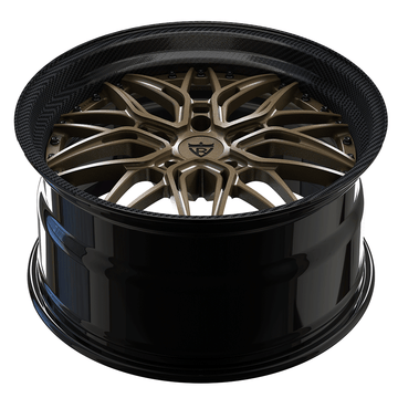 Custom forged two-piece deep dish wheel for Porsche 718 Cayman, featuring a bronze finish with a sleek black barrel.